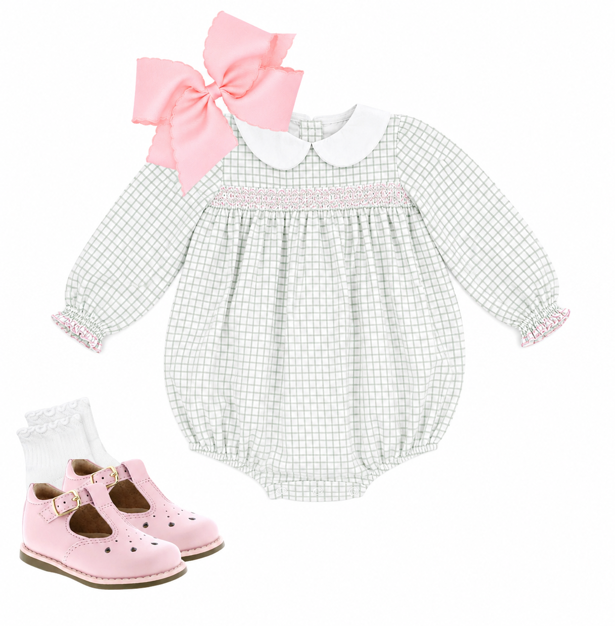Girls sage green windowpane smocked bubble