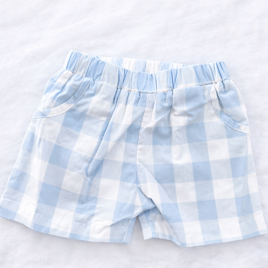 Boys light blue large gingham shorts