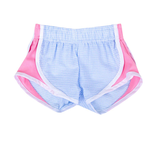 Blue seersucker and pink shorts