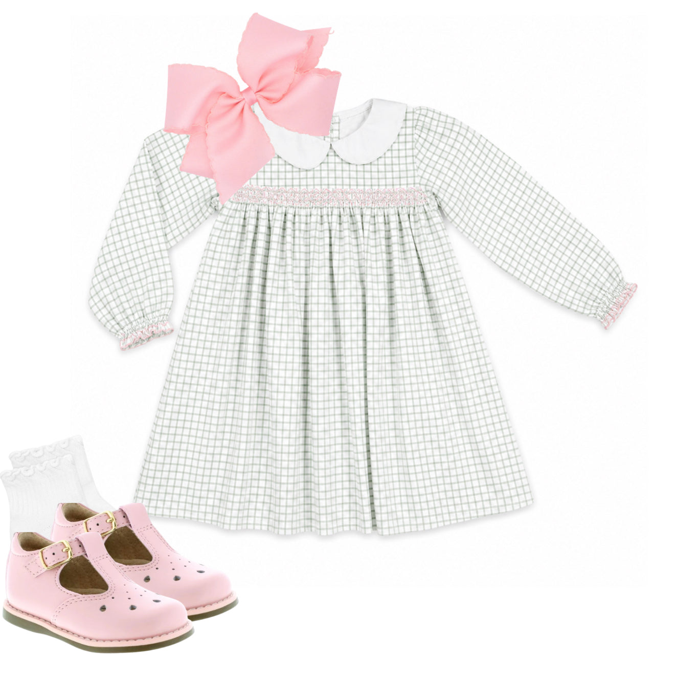 Girls sage green window pane smocked dress
