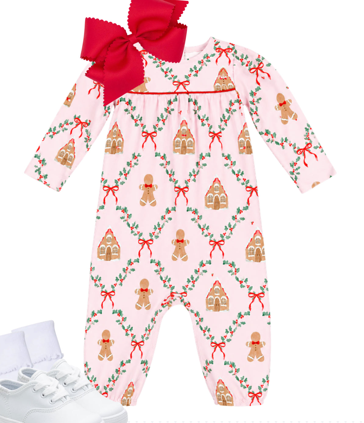 Knit gingerbread house romper